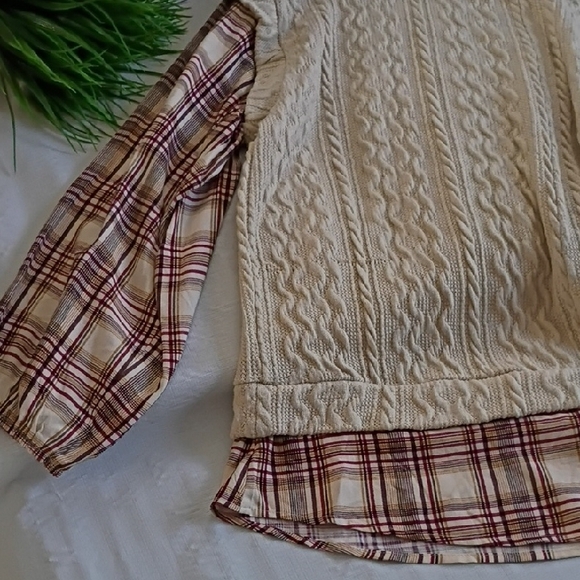 Maurices Cream Cable Knit Sweater with Plaid Sleeves - Picture 3 of 6